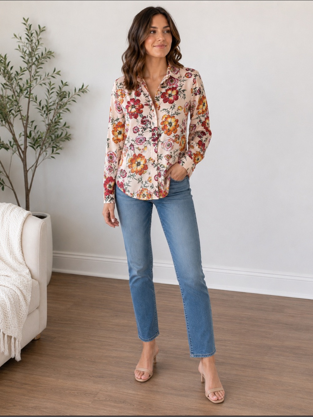 Express Portofino Peach-Pink Floral Button-Down Shirt - Picture 3 of 10